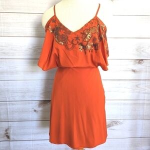 Karen Millen Embellished Flounce Silk Mini Dress in Burnt Orange Size 4